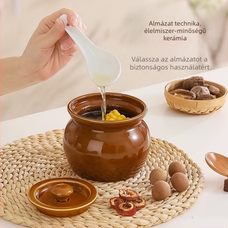 Kerámia agyagedény leveses pörköltpohár otthoni használatra, vízelválasztó pörköltfazék egy személyre fedővel, élelmiszeripari minőségű levesgőzölő pohár, sűrített kerámia edény