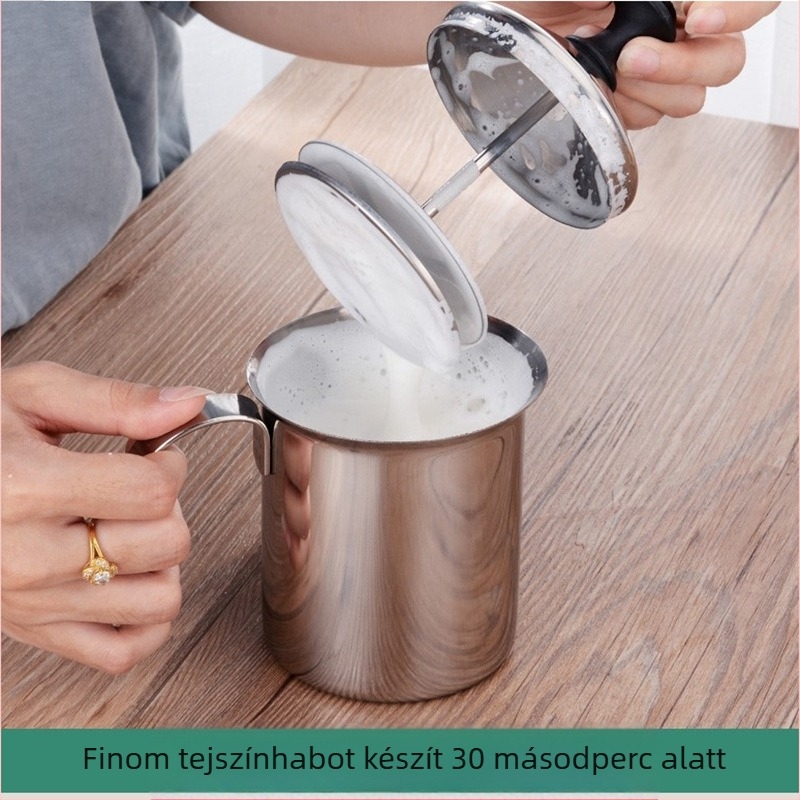 Kétrétegű rozsdamentes acél tejhabosító, kézi tejhabosító, tejszűrő, divatos kávé-cappuccino habosító