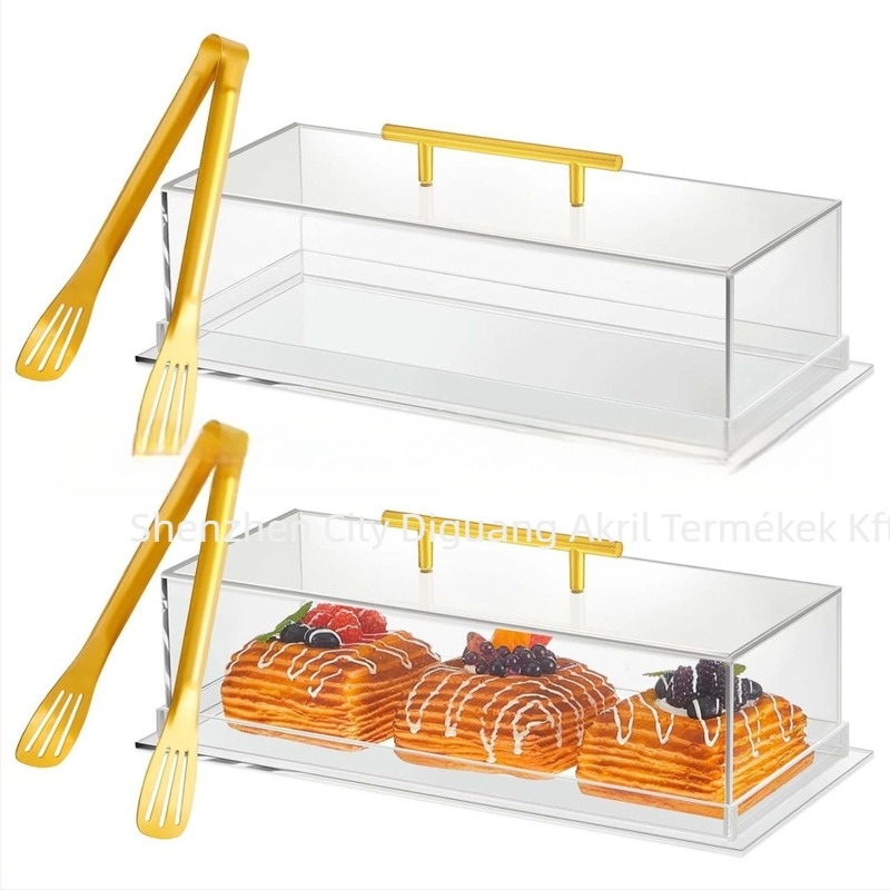 Akril kenyérsütemény-kijelző doboz, átlátszó téglalap alakú tálca fedéllel, partipulton tárolható élelmiszerek tárolására