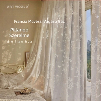 Álomszerű francia stílusú művészi függönyök virágmintás áttetsző függönyökkel nappaliba és hálószobába, padlótól mennyezetig érő ablakokkal, rózsaszín pillangó rokokó ablakáttetsző függönyökkel