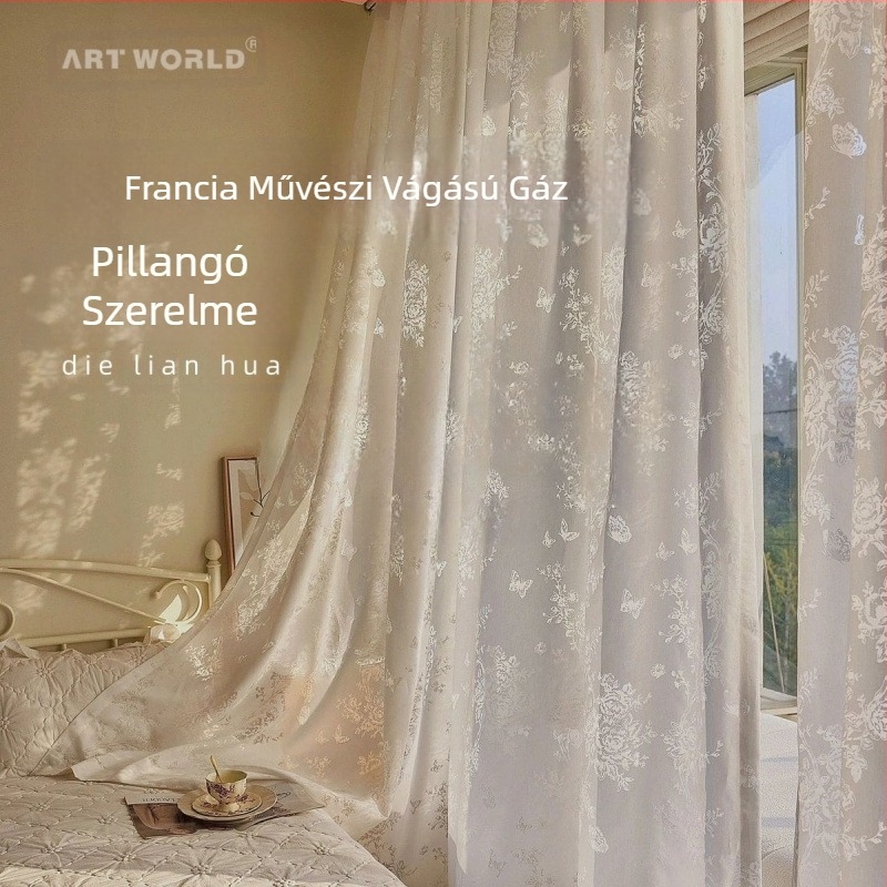 Álomszerű francia stílusú művészi függönyök virágmintás áttetsző függönyökkel nappaliba és hálószobába, padlótól mennyezetig érő ablakokkal, rózsaszín pillangó rokokó ablakáttetsző függönyökkel