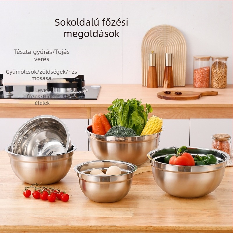 Vastag rozsdamentes acél tojástál, vegyes salahidaló fedéllel és medencével, konyhai sütő-főzőtál, multifunkcionális gyümölcstál