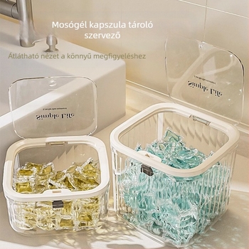 Mosószer gyöngy tároló műtárgy, mosópor tároló doboz, vödör, üveg, préseléses mosogatószer gyöngy lezáró speciális tároló doboz