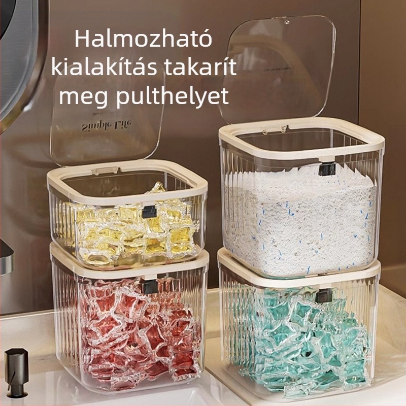 Mosószer gyöngy tároló műtárgy, mosópor tároló doboz, vödör, üveg, préseléses mosogatószer gyöngy lezáró speciális tároló doboz