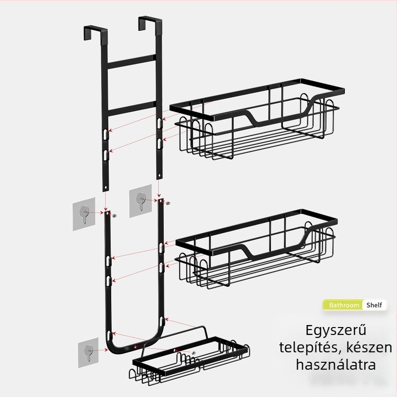 Ütésmentes fürdőszobai tárolóállvány, ajtóhoz való hátsó akasztó, fali akasztó, réteges akasztós kosár, tárolópolc, WC, zuhanyzós tárolóállvány