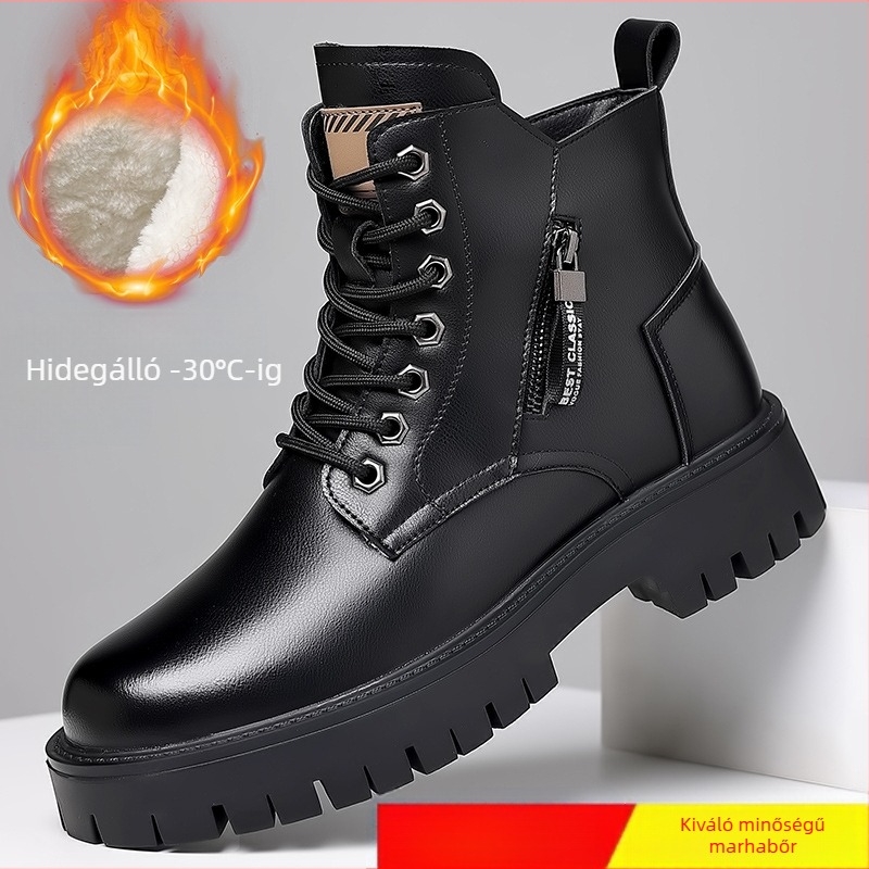 Martin Boots Férfi Brit Stílusú Magasszárú Bőr Csizma Munkaruházat Kültéri Férfi Csizma Fekete Vastag Aljjal Polár Bélelt Pamut Csizma Meleg Hótaposó