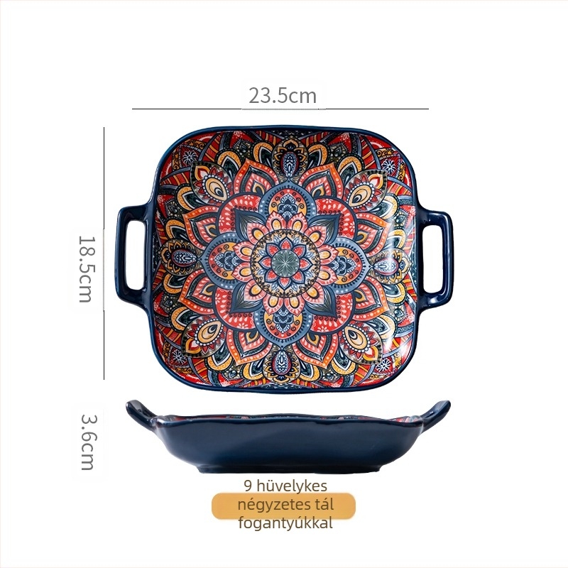 Bohém kerámia kétfülű négyzet alakú tányér otthoni használatra, értékes tálalótányér, gyümölcstányér, tésztatál, sütőben és mikrohullámú sütőben használható