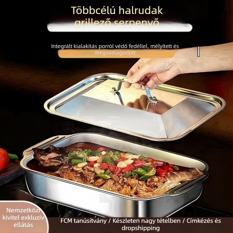 Határokon átnyúló rozsdamentes acél grillezett haltálca fedővel, grilltálca fogantyúval, vastagított ráktálca háztartási tenger gyümölcsei tálca raktáron Nagykereskedelem