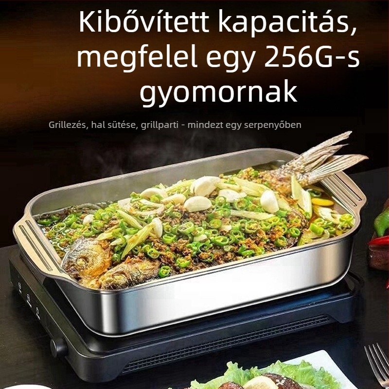 Határokon átnyúló rozsdamentes acél grillezett haltálca fedővel, grilltálca fogantyúval, vastagított ráktálca háztartási tenger gyümölcsei tálca raktáron Nagykereskedelem