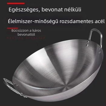 Határokon átnyúló rozsdamentes acél serpenyő, tapadásmentes serpenyő otthoni használatra, kerek aljú, bevonat nélküli vasserpenyő otthoni használatra, élelmiszeripari minőségű, dupla fogantyús serpenyő