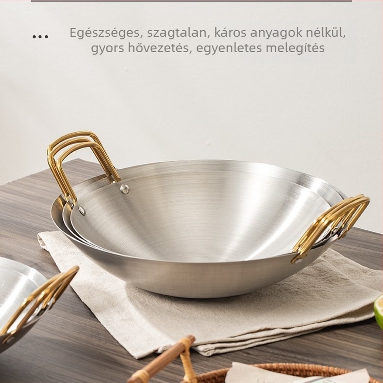 Határokon átnyúló rozsdamentes acél serpenyő, tapadásmentes serpenyő otthoni használatra, kerek aljú, bevonat nélküli vasserpenyő otthoni használatra, élelmiszeripari minőségű, dupla fogantyús serpenyő