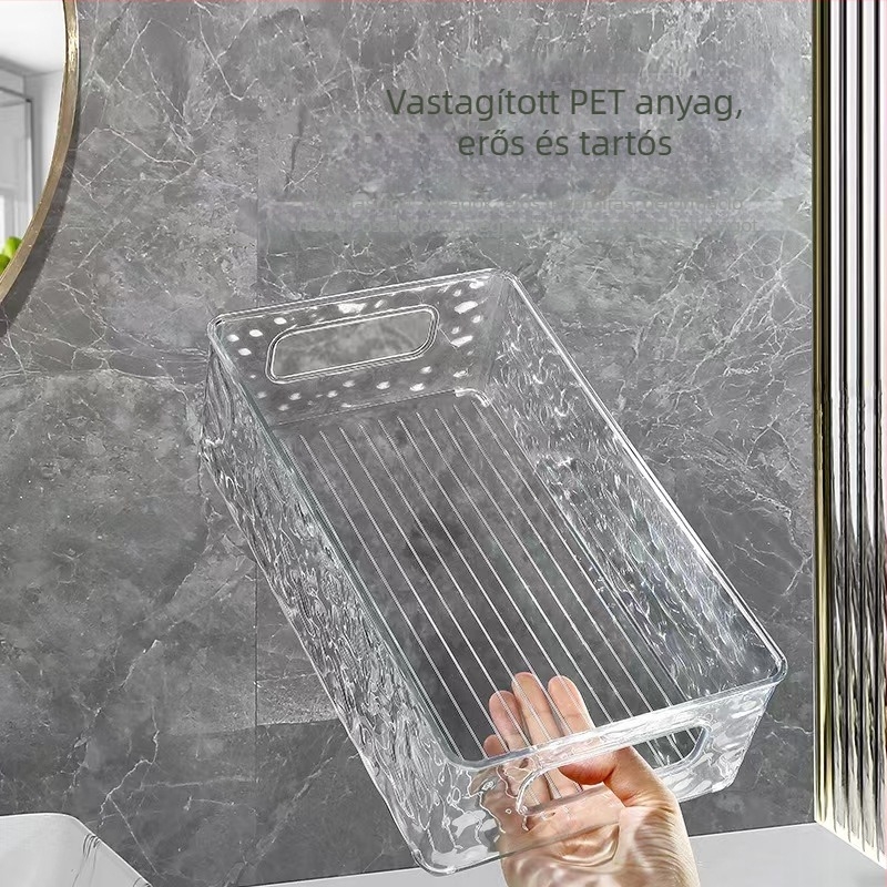 Kiváló minőségű akril kozmetikai kiegészítő tárolókosár, világos, luxus gleccsermintás, egymásra rakható, átlátszó asztali tárolódoboz