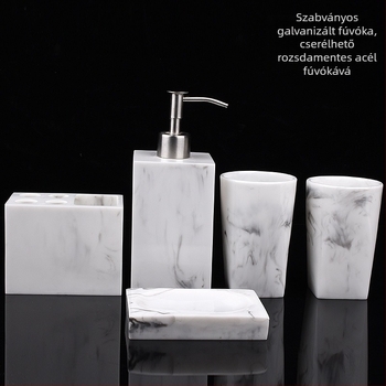 Nordic Hotel kézfertőtlenítő palack márványmintás fürdőszobai öt darabos készlet WC-mosókészlet tálca gyantadíszek