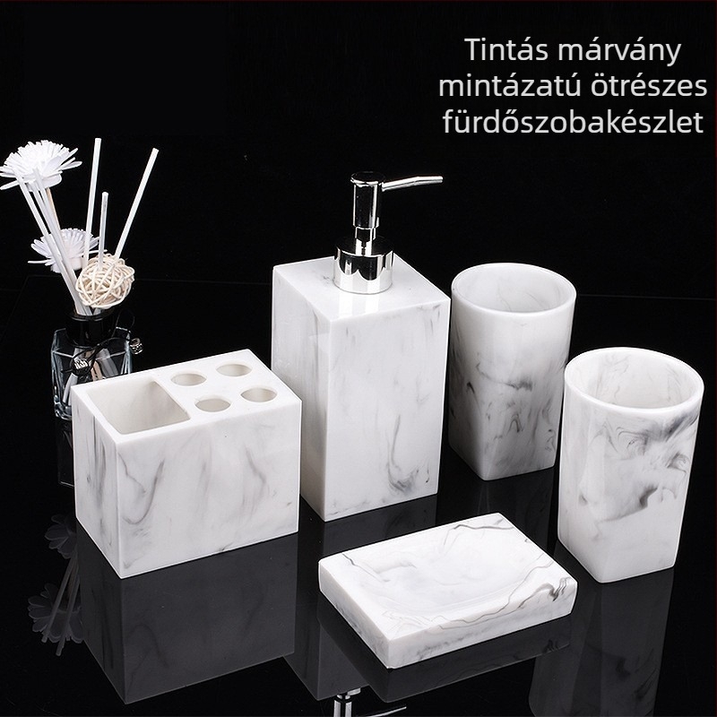Nordic Hotel kézfertőtlenítő palack márványmintás fürdőszobai öt darabos készlet WC-mosókészlet tálca gyantadíszek