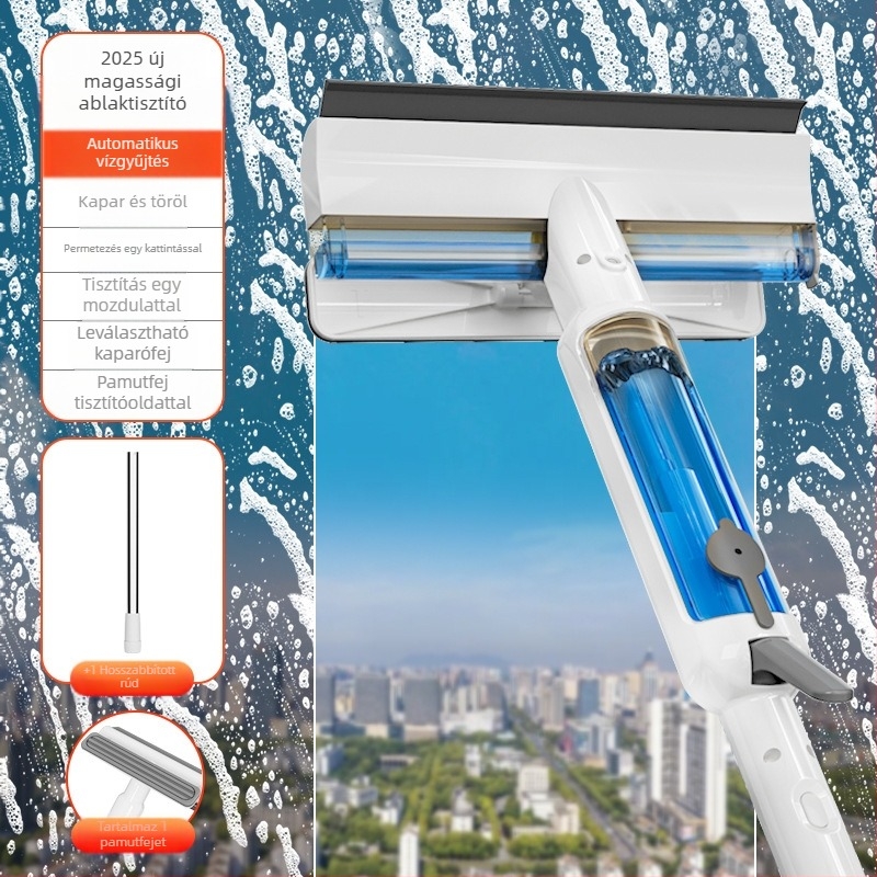 Határokon átnyúló háztartási eszköz magas épületek külső ablakainak tisztításához vízpermettel és beépített kaparóval, erős szívóerejű kétoldalas üvegtisztító eszköz