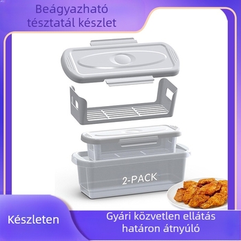Határokon átnyúló új termékkombináció, tésztatál, sült csirke, sült hal, hagymakarika keverőtál fedővel, kenyértartóval