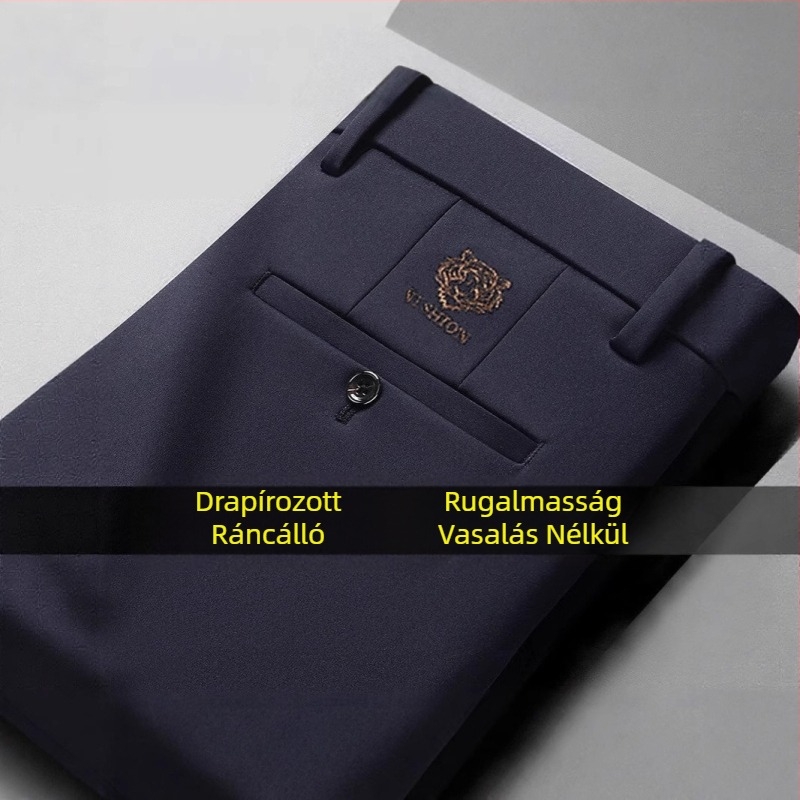 Férfi nyári vékony, karcsúsított, rugalmas, formális, lezser nadrág, üzleti, drapé, gyűrődésmentes, plus size, egyenes szárú férfi nadrág