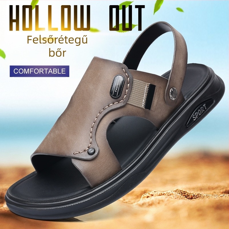 Első rétegű marhabőr nyári férfi strandcipő, bőr szandál, valódi bőr férfi alkalmi papucs, lélegző szandál, férfi cipők