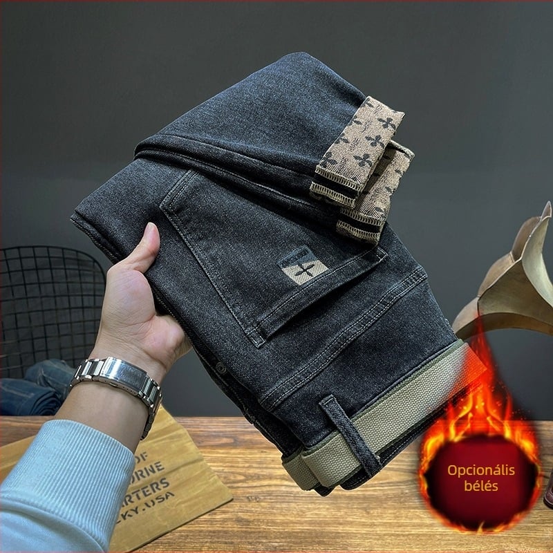 Férfi Nadrágok Ősz és Tél 2024 Polár Bélelt Fekete Farmer Férfi Egyenes Fazonú Slim Fazonú Stretch Retro Mosott Stretch Lezser