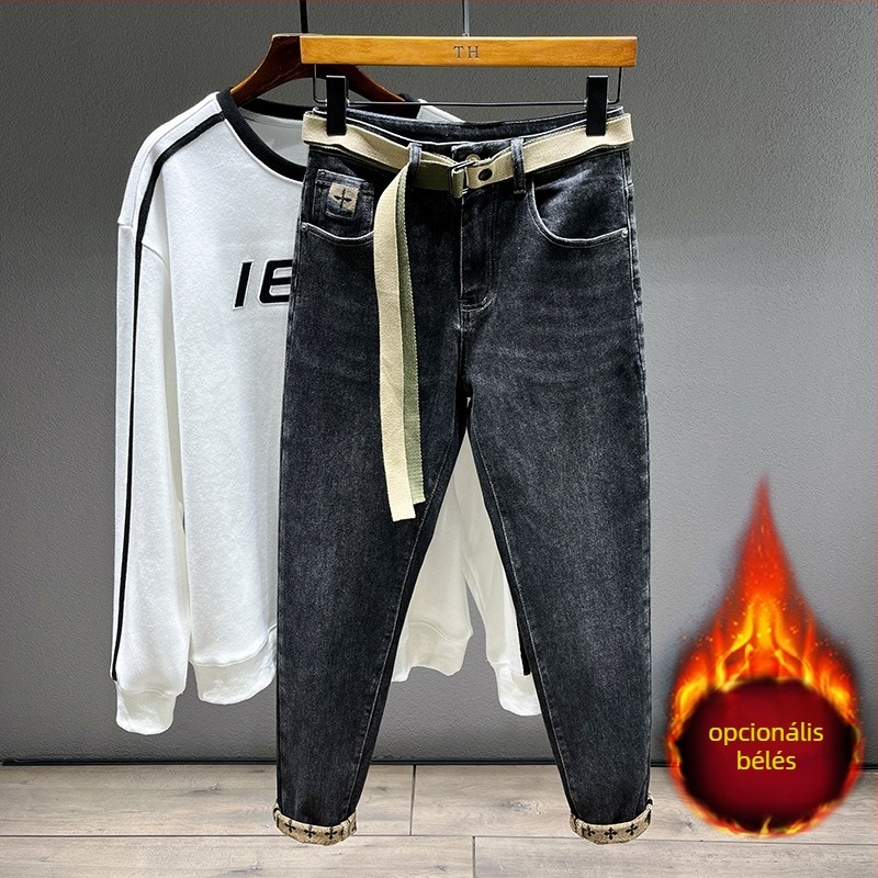 Férfi Nadrágok Ősz és Tél 2024 Polár Bélelt Fekete Farmer Férfi Egyenes Fazonú Slim Fazonú Stretch Retro Mosott Stretch Lezser