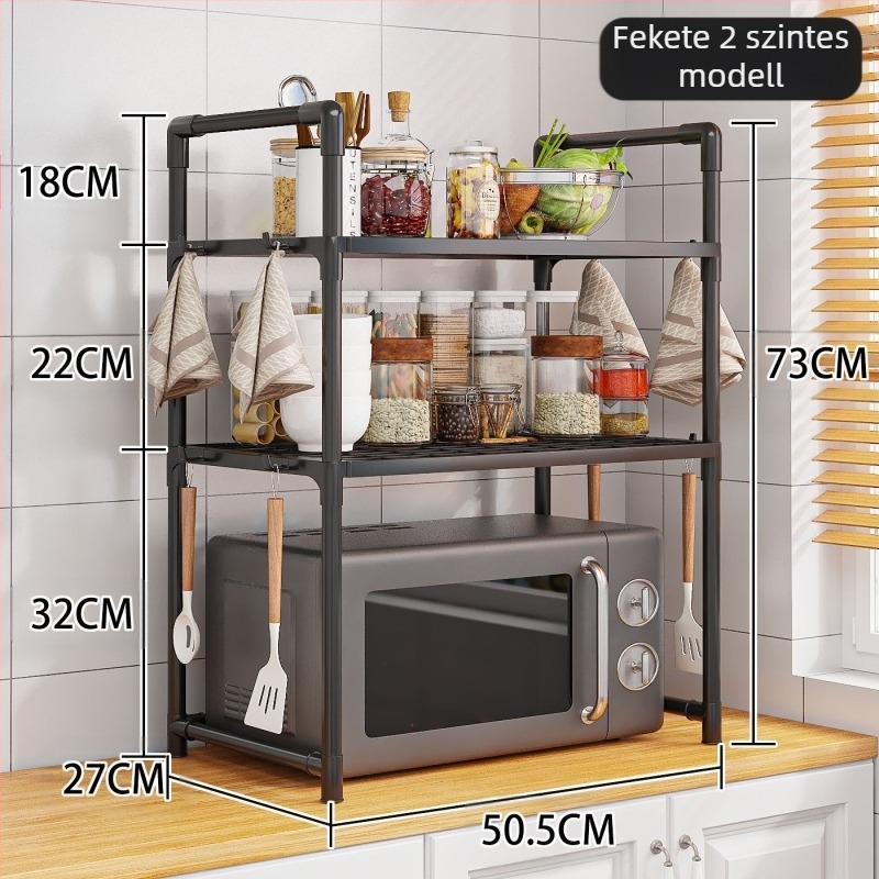 Kétrétegű konyhai korláttal, akasztós fűszertartó állvánnyal, mikrohullámú sütő rács, szélesített, vastagított sütő, kenyérsütő tárolóállvány