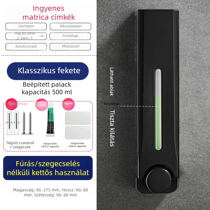 Szögmentes, falra szerelhető, szállodai fürdőszobai konyhai szappanadagoló, falra szerelhető kézmosószappan, tusfürdő, samponprés, szappanadagoló