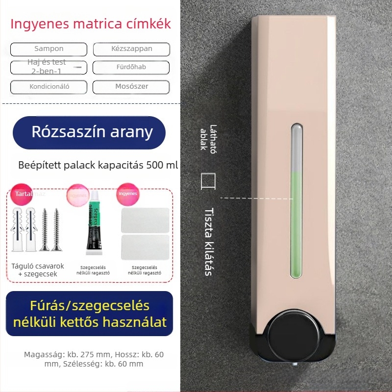 Szögmentes, falra szerelhető, szállodai fürdőszobai konyhai szappanadagoló, falra szerelhető kézmosószappan, tusfürdő, samponprés, szappanadagoló