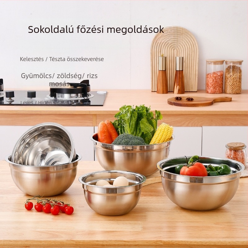 Rozsdamentes acél salátástál fedéllel, konyhai többcélú tojáshabverő, sütőtál, multifunkciós gyümölcs- és zöldségtároló