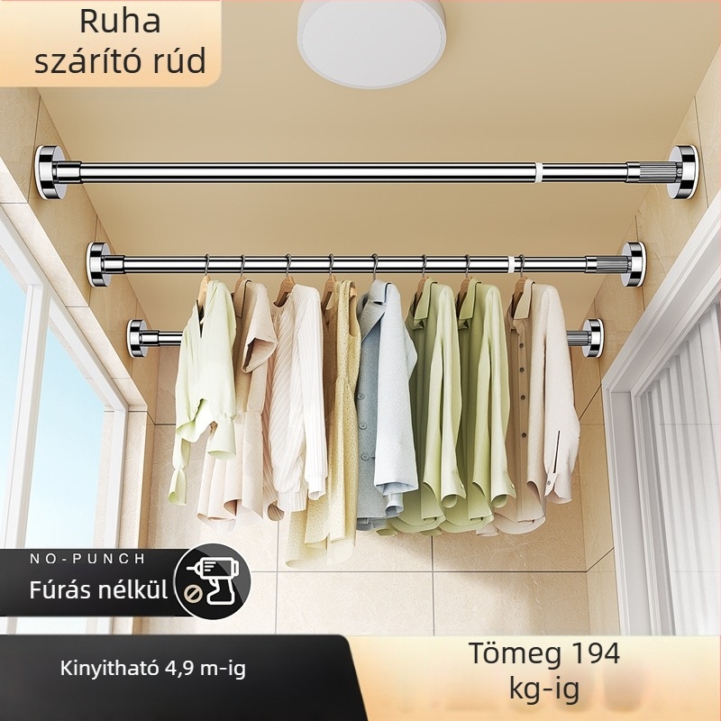 Perforált zuhanyfüggönyrúd, függönyrúd, rozsdamentes acél vastagított erkély ruhaszárító, teleszkópos ruhaszárító rúd, fehér vastagított hosszú rúd