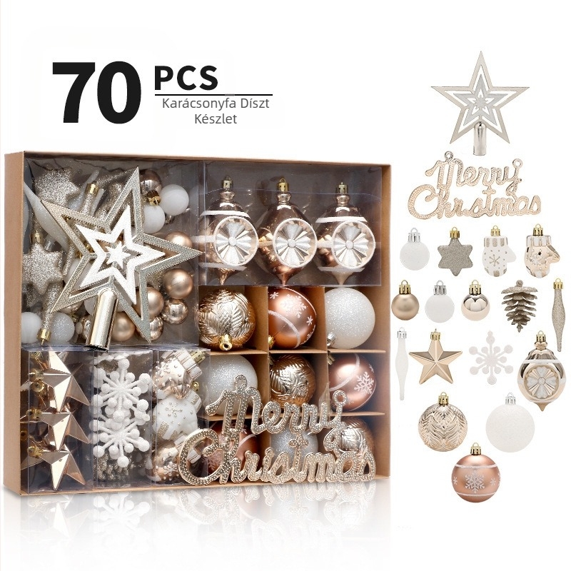 Karácsonyi díszek 70 db-os festett fa tetejére csillag alakú karácsonyfa gömb szett akasztók karácsonyfadísz medálok