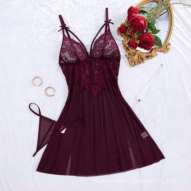 Határokon átnyúló robbanások nyári szexi fehérnemű női hálós hálóing piros csipke hímzett szexi pizsama sling 24015