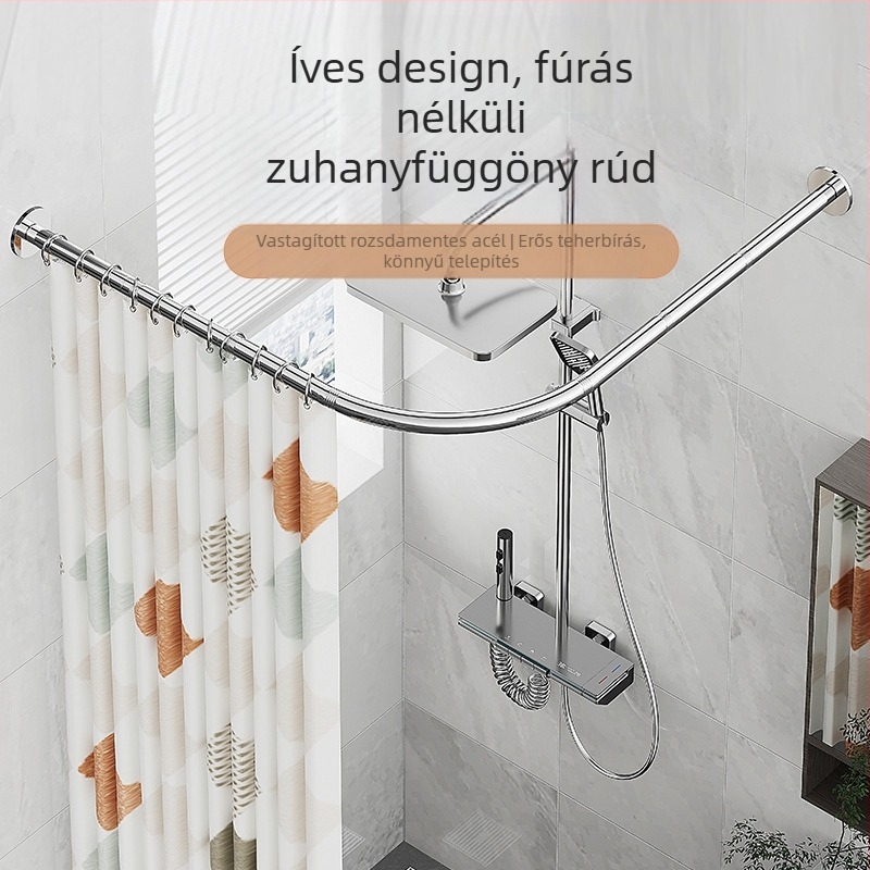 Fürdőszobai ívelt zuhanyfüggöny rúd, lyukasztásmentes, L alakú, félig U alakú, teleszkópos zuhanyrúd, rozsdamentes acél, legyező alakú zuhanyrúd, ruhaszárító rúd
