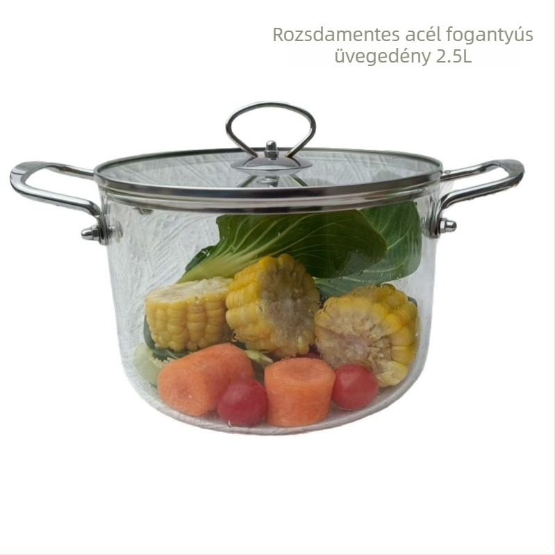 Hőálló üveg, kétfülű, átlátszó levesesfazék, konyhai háztartási, magas boroszilikát üveg, rozsdamentes acél fogantyúval, tésztaleveses fazék, pörköltfazék