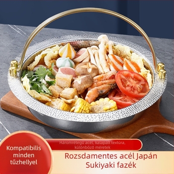 Háromrétegű acél japán Shouxi edény, koreai lapos aljú forró edény, függő edény, rozsdamentes acél forró edény, tenger gyümölcseit tartalmazó párolt edény, száraz edény