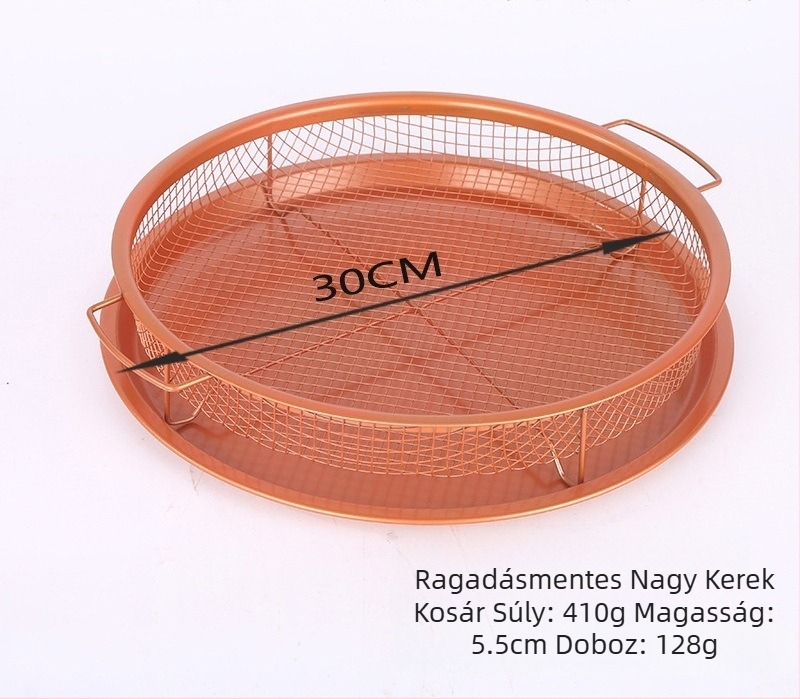Rozsdamentes acél háló, sült krumpli sütőkosár, szűrőkosár, tapadásmentes olajleeresztő rács, frissen tartó tálca