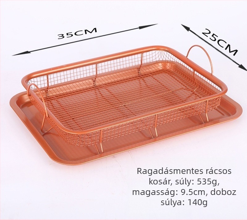 Rozsdamentes acél háló, sült krumpli sütőkosár, szűrőkosár, tapadásmentes olajleeresztő rács, frissen tartó tálca