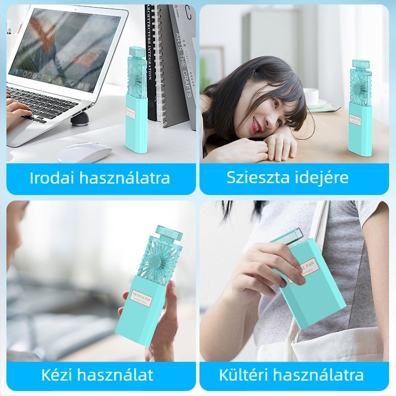 Kreatív ajándék kis ventilátor nyomtatható logóval közvetlenül a gyárból parfüm megjelenésű hordozható kézi mini ventilátor