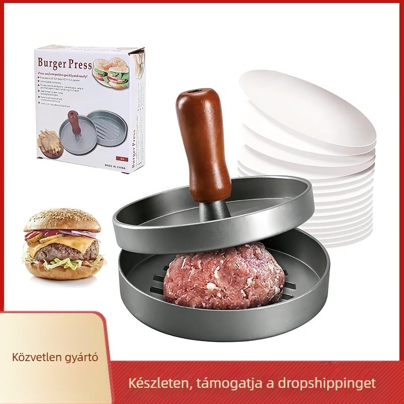 Határokon átnyúló hamburgerhúsprés kerek fa fogantyúval, spray-festékkel, alumínium ötvözetből készült hamburgerhús tányér rizsgolyó húsos piteforma