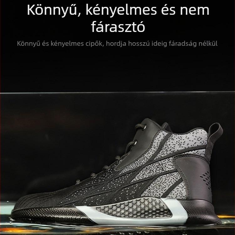 Határokon átnyúló munkavédelmi cipők nagykereskedelme férfi magas szárú, repülő szövésű, könnyű acélbetétes, ütésálló, átszúrásgátló biztonsági munkavédelmi cipő