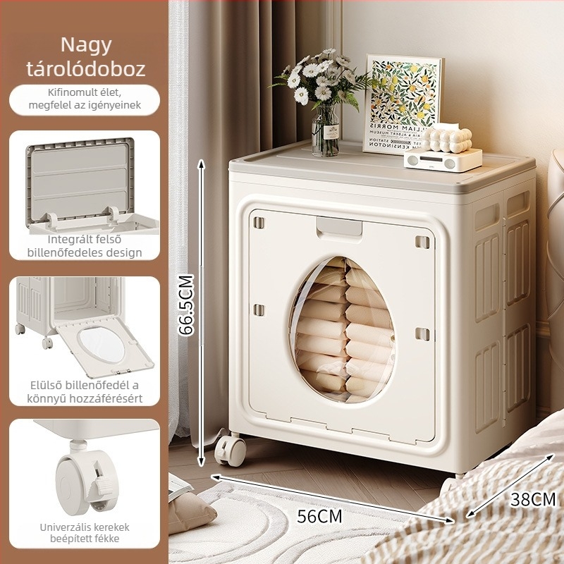 Kétajtós, felhajtható tetejű, kerekes játéktároló doboz, összecsukható ruha- és paplantároló szekrény, nagy kapacitású háztartási tárolódoboz