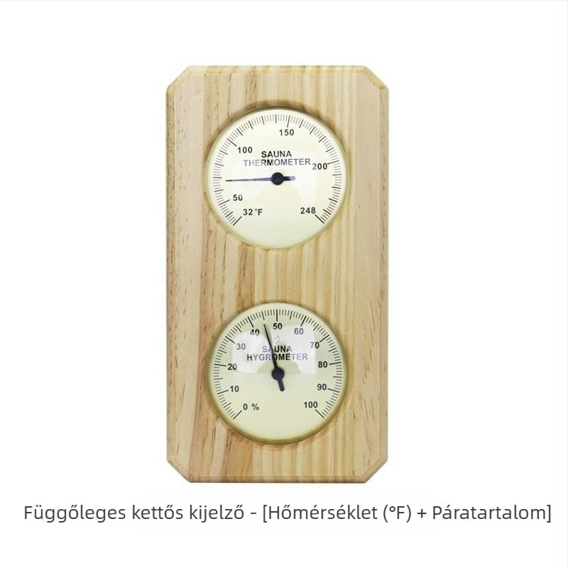 Mechanikus mutatós hőmérő, higrométer, magas páratartalomnak ellenálló fenyőfa vázas izzadságszauna helyiség speciális hőmérséklet- és páratartalom-mérője