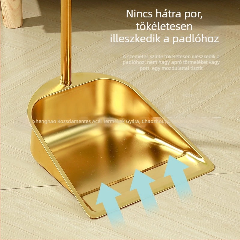 Nagykereskedelmi vastagított rozsdamentes acél seprű háztartási öltöny arany szemétlapát szemeteslapát seprű kombináció kereskedelmi beltéri kültéri
