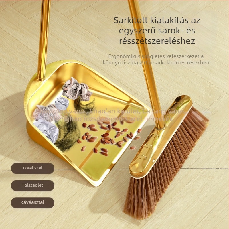 Nagykereskedelmi vastagított rozsdamentes acél seprű háztartási öltöny arany szemétlapát szemeteslapát seprű kombináció kereskedelmi beltéri kültéri