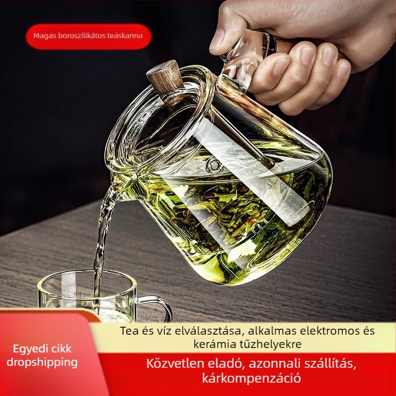 Boroszilikát üvegből készült piaoyi csésze magas hőmérsékletnek ellenálló teáskanna teaszétválasztás fa fogantyú virág teáskanna háztartási teafőző teáskészlet