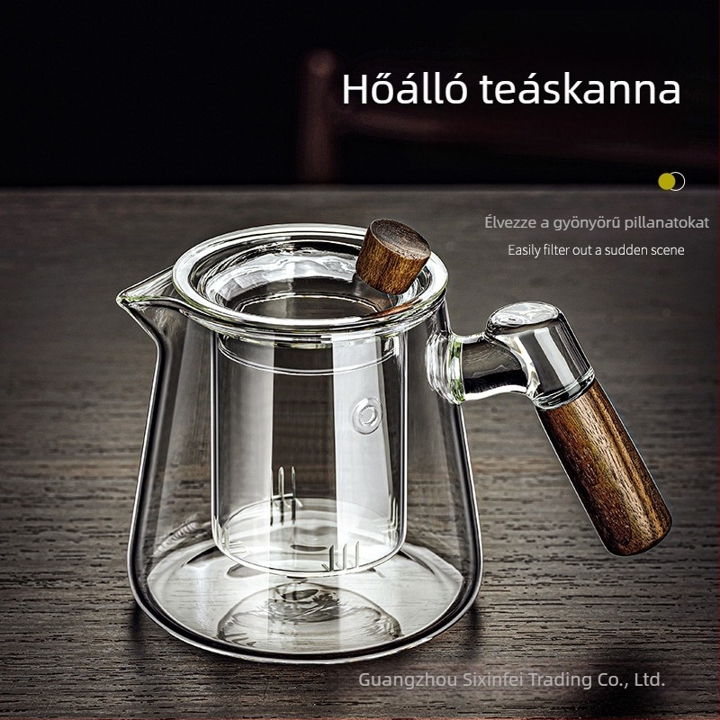 Boroszilikát üvegből készült piaoyi csésze magas hőmérsékletnek ellenálló teáskanna teaszétválasztás fa fogantyú virág teáskanna háztartási teafőző teáskészlet