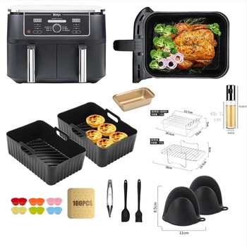 Ninja AF180 légkeveréses fritőz, 9 darabos kiegészítő fogantyúval, kosárral, pizza grill, légkeveréses fritőz, AF300
