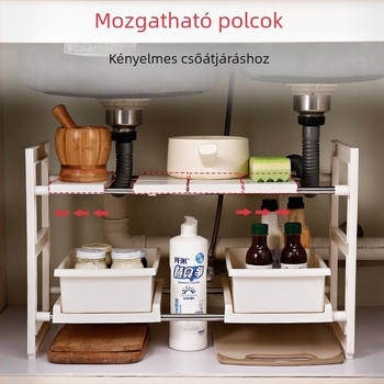 Konyhai mosogató tárolóállvány Teleszkópos rozsdamentes acél edénytartó Kihúzható fiókos fürdőszobai fürdőszobai műanyag tárolóállvány