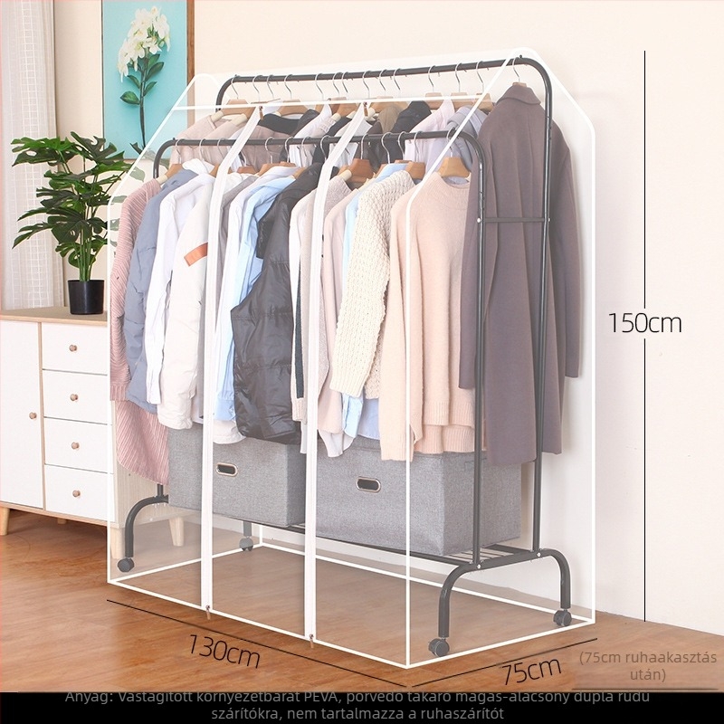 Magas és alacsony dupla rúd akasztós huzat hálószobába, padlóra helyezhető, porvédő huzat, átlátszó ruhákhoz, porvédő huzat kabáttárolóhoz