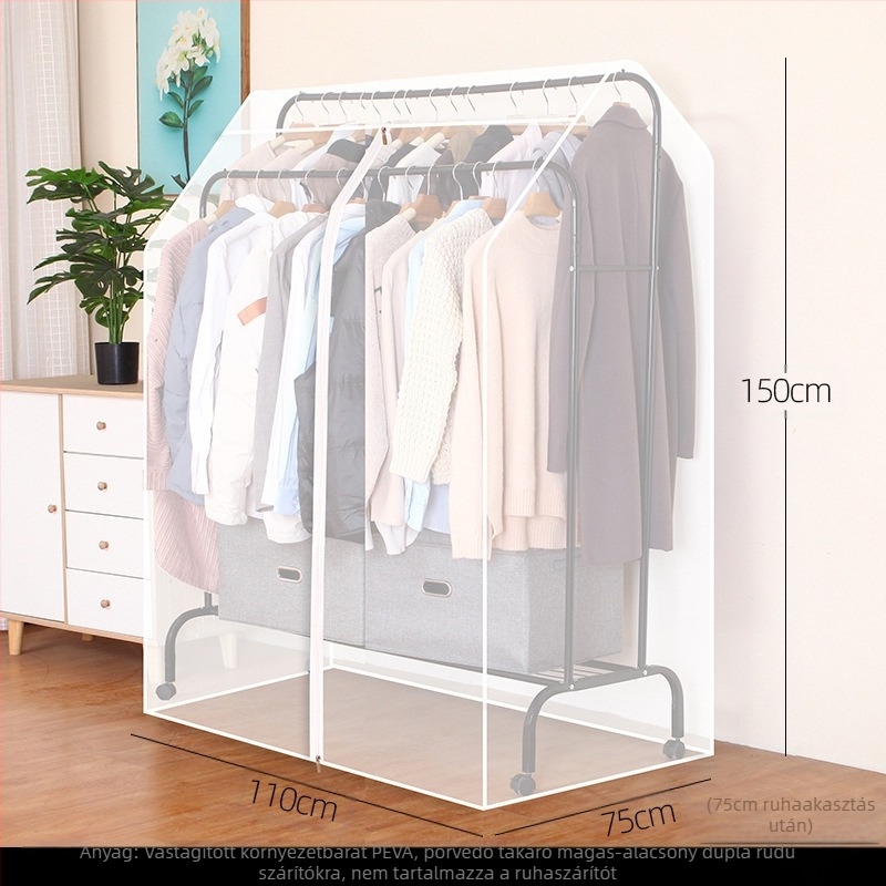 Magas és alacsony dupla rúd akasztós huzat hálószobába, padlóra helyezhető, porvédő huzat, átlátszó ruhákhoz, porvédő huzat kabáttárolóhoz