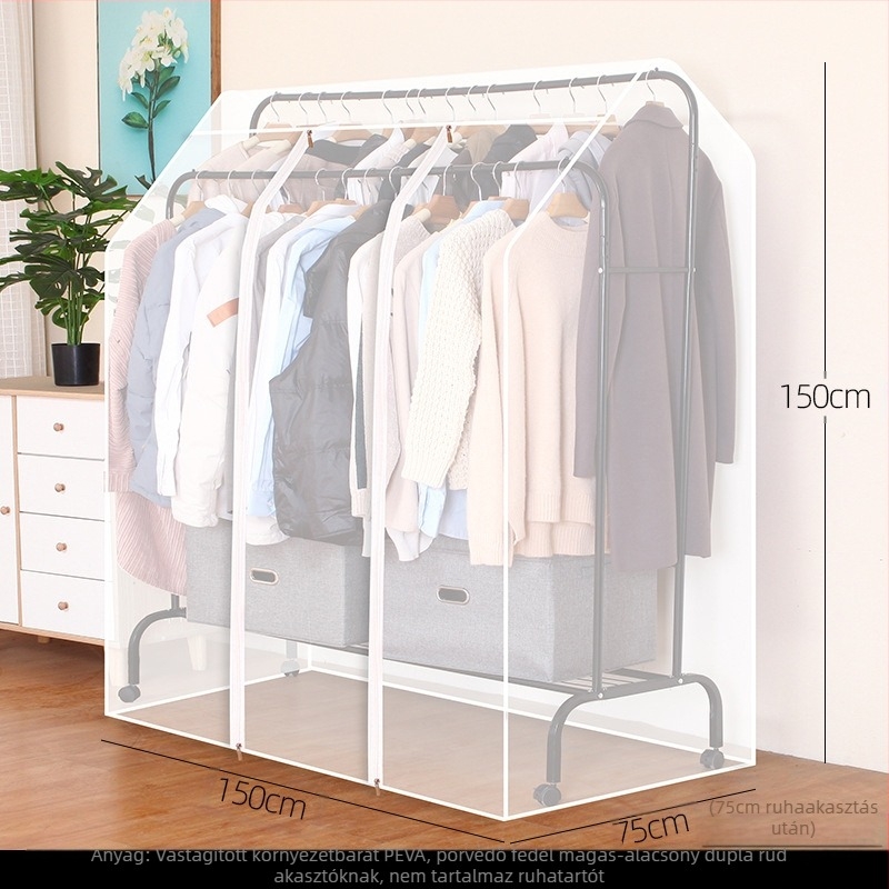 Magas és alacsony dupla rúd akasztós huzat hálószobába, padlóra helyezhető, porvédő huzat, átlátszó ruhákhoz, porvédő huzat kabáttárolóhoz
